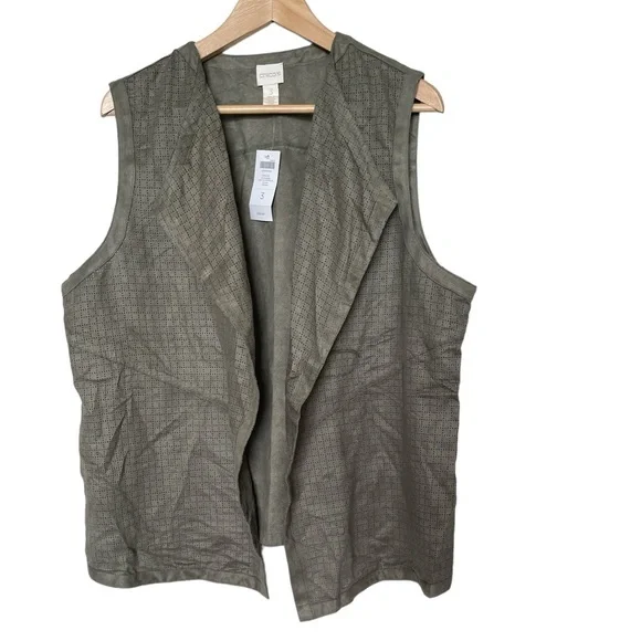 Chico's Size 3 (XL/16) Perforated Drape Faux Suede Vest Laser Cut Olive Green - Picture 3 of 5
